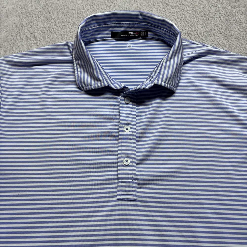 RLX Ralph Lauren Mens XL Polo Shirt Blue White Stripe Wicking Performance Golf